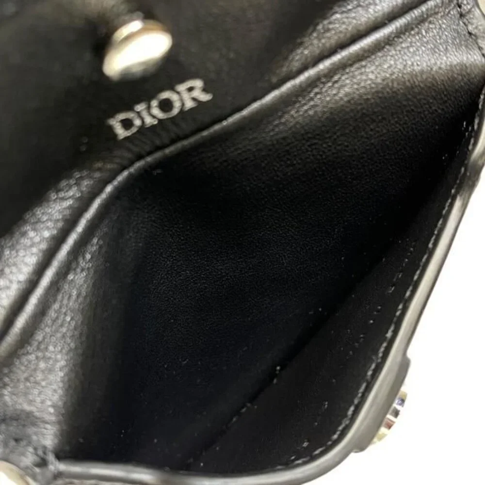 Christian Dior Saddle Pouch Mini Accessories Coin Case Fold Logo Leather Black
